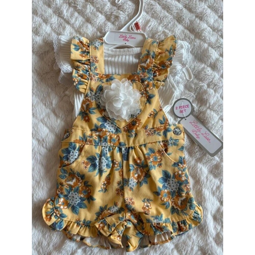 Baby Girl Yellow Floral Denim Ruffle 2 Piece Outfit Set - Picture 1 of 4